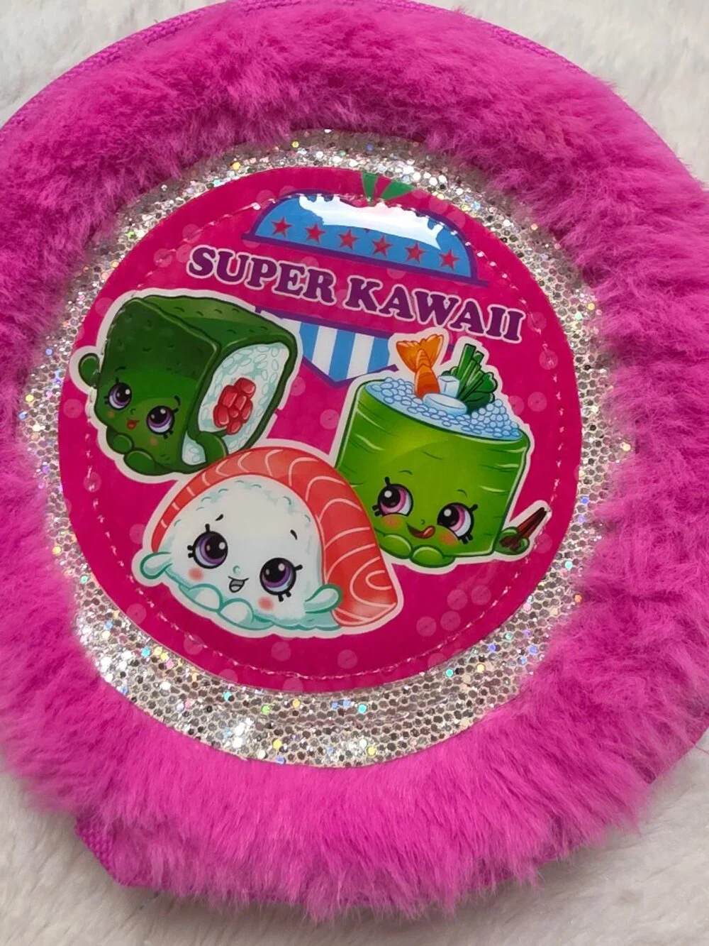 Shopkins Girls Faux Fur Crossbody Shoulder Bag Pink Blue Strap Sushi Kawaii